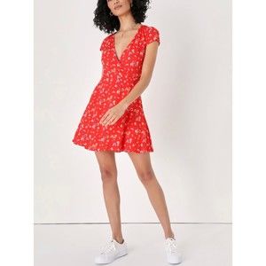 Lulus Easy Going Essence Red Floral Surplice Mini Skater Dress